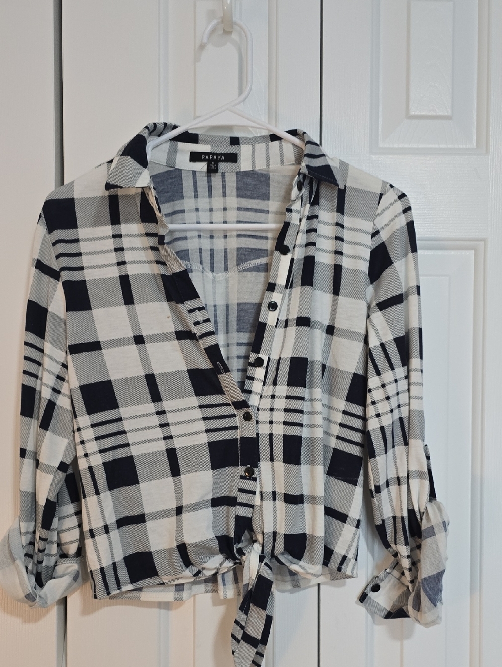 Papaya Black & White Plaid Tie-Front Button-Down Top
